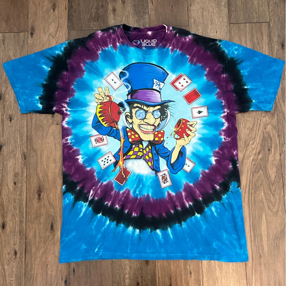 Liquid Blue Alice in Wonderland Tie-Dye Playing Cards Tee - Blue and Purple